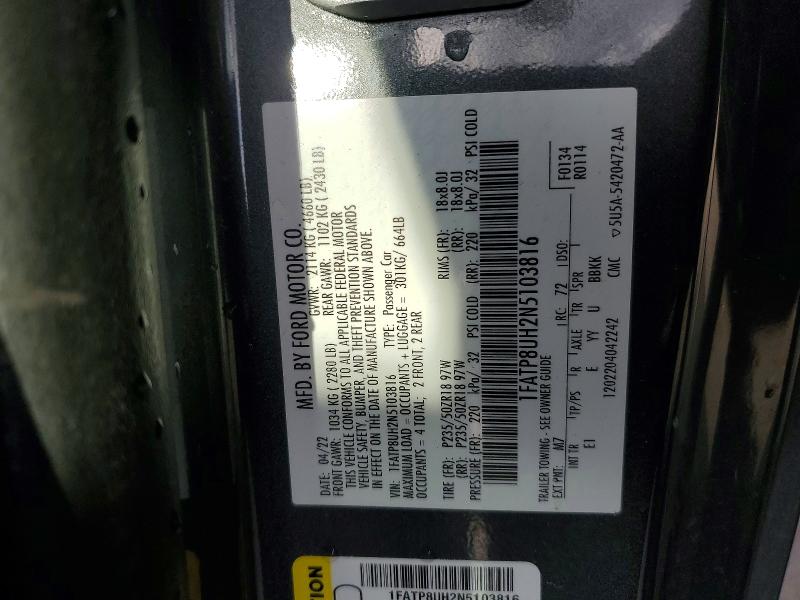 2022 Ford Mustang მანქანა იყიდება აუქციონზე, vin: 1FATP8UH2N5103816, აუქციონის ნომერი: 73500655