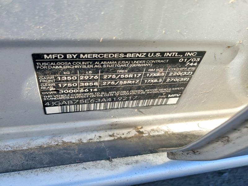 2003 Mercedes-benz M-class მანქანა იყიდება აუქციონზე, vin: 4JGAB75E63A419217, აუქციონის ნომერი: 79844875