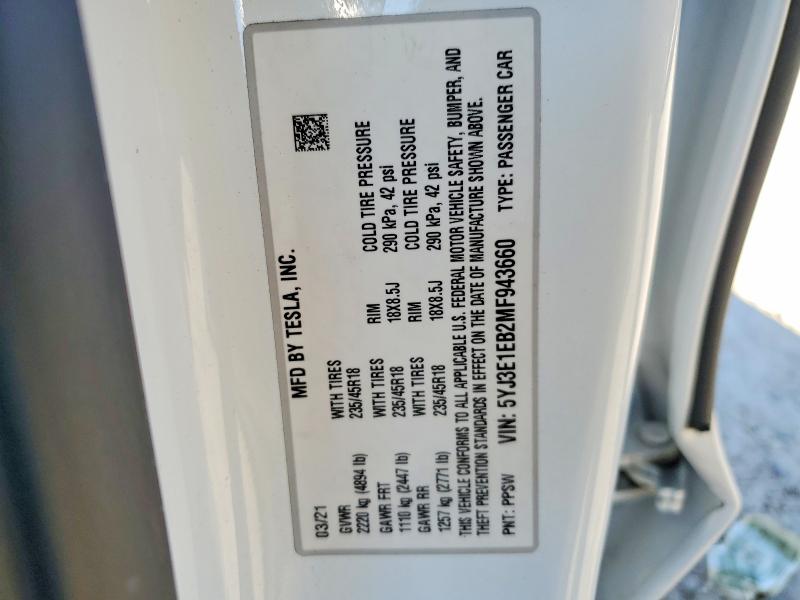 Aukcja sprzedaży 2021 Tesla Model 3, vin: 5YJ3E1EB2MF943660, numer aukcji: 46474706