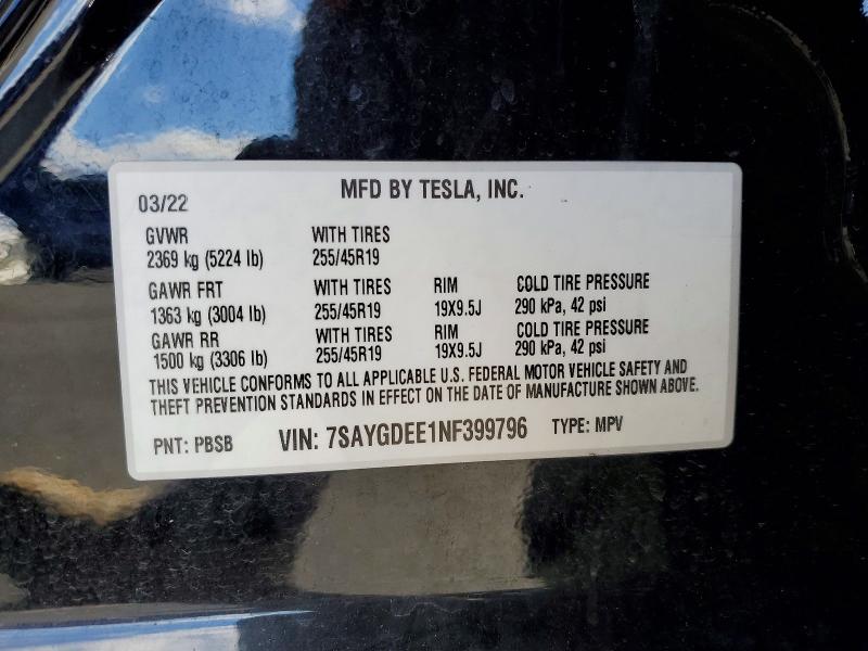 Aukcja sprzedaży 2022 Tesla Model Y, vin: 7SAYGDEE1NF399796, numer aukcji: 79312645