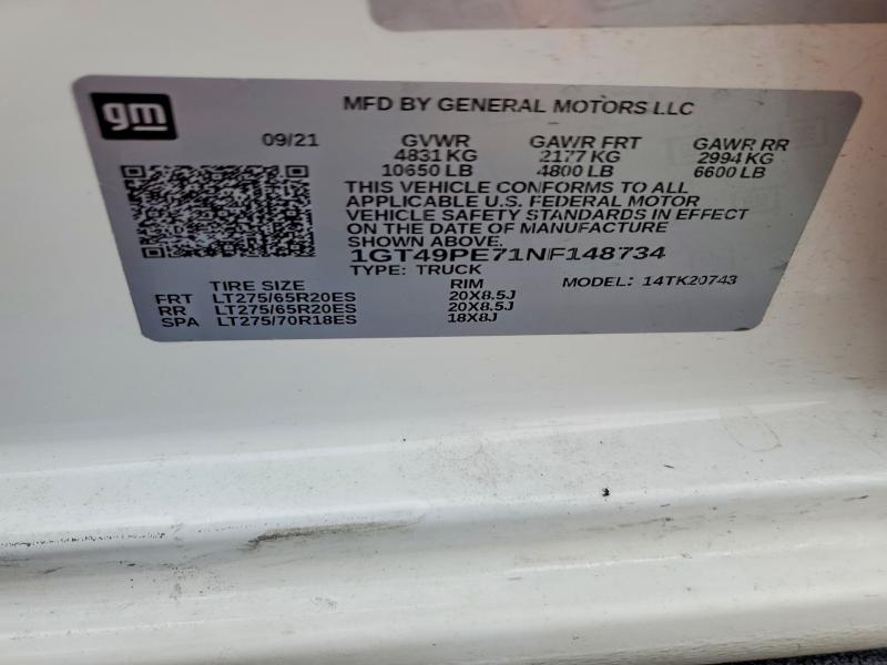Aukcja sprzedaży 2022 Gmc Sierra, vin: 1GT49PE71NF148734, numer aukcji: 77538095