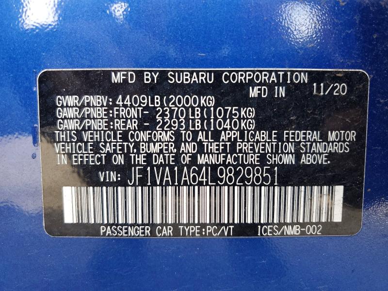 47370956 :رقم المزاد ، JF1VA1A64L9829851 vin ، 2020 Subaru Wrx مزاد بيع