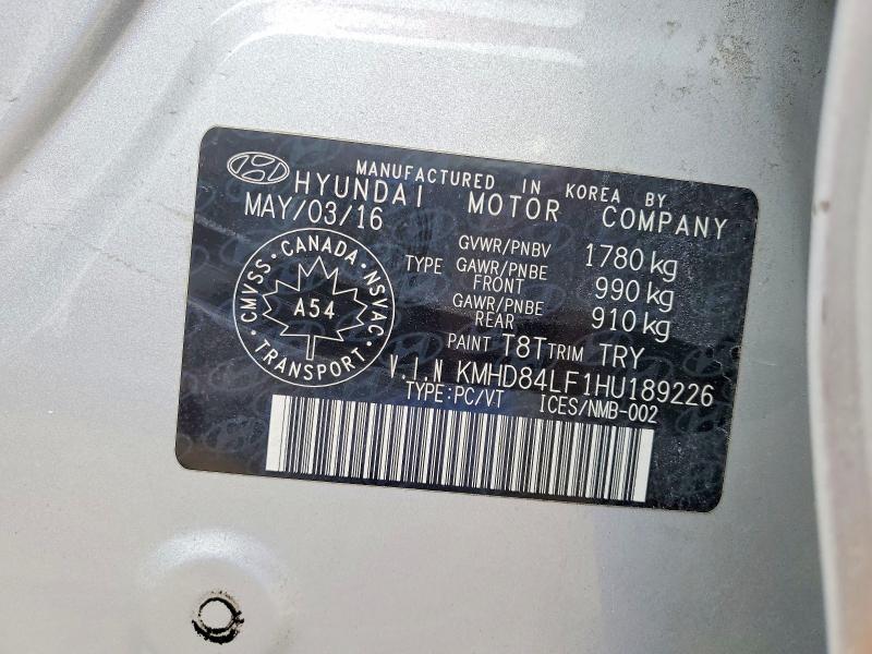 47539266 :رقم المزاد ، KMHD84LF1HU189226 vin ، 2017 Hyundai Elantra مزاد بيع