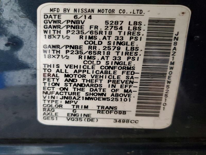 47711516 :رقم المزاد ، JN8AZ1MW0EW525101 vin ، 2014 Nissan Murano مزاد بيع