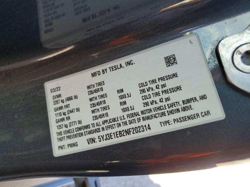 47289906 :رقم المزاد ، 5YJ3E1EB2NF202314 vin ، 2022 Tesla Model 3 مزاد بيع