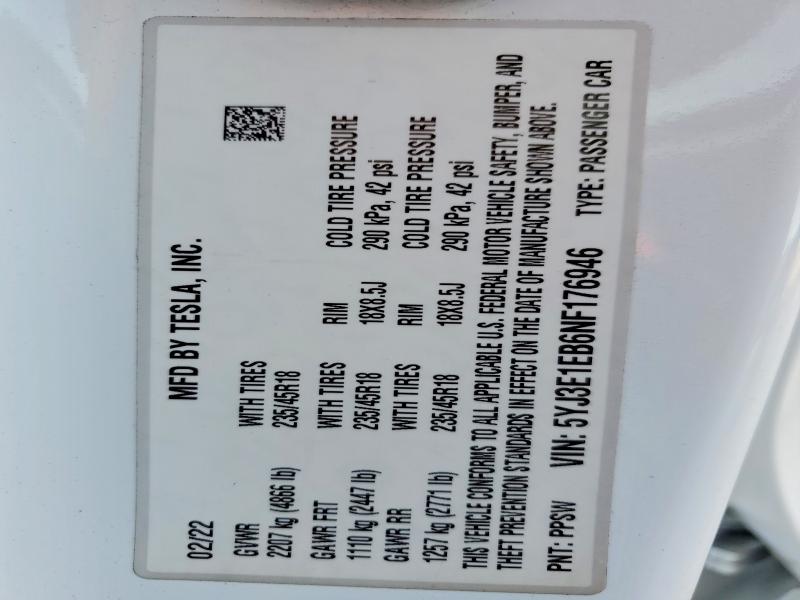 2022 Tesla Model 3 მანქანა იყიდება აუქციონზე, vin: 5YJ3E1EB6NF176946, აუქციონის ნომერი: 47279966