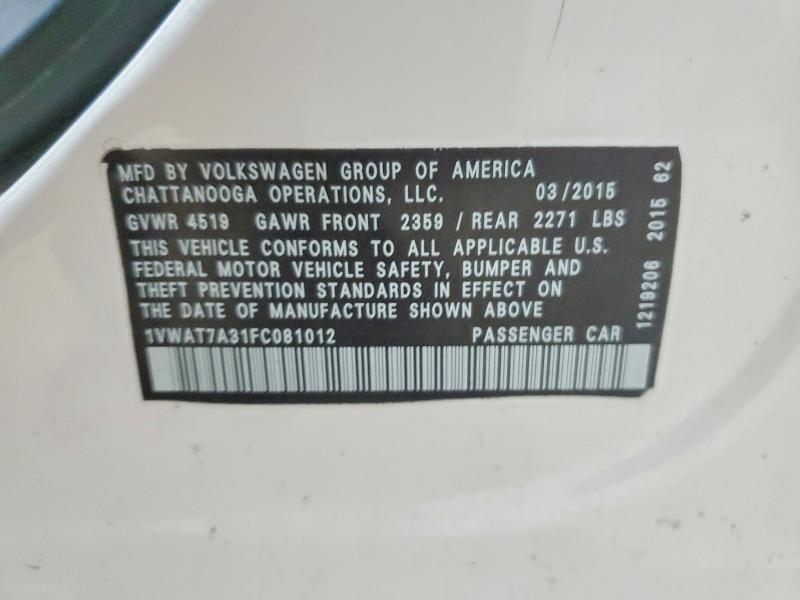 2015 Volkswagen Passat მანქანა იყიდება აუქციონზე, vin: 1VWAT7A31FC081012, აუქციონის ნომერი: 46720156