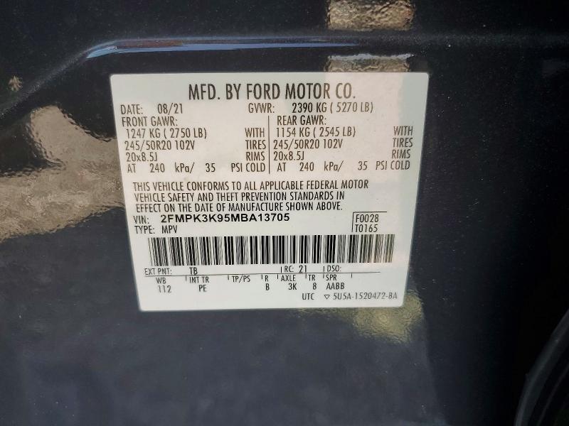 47970696 :رقم المزاد ، 2FMPK3K95MBA13705 vin ، 2021 Ford Edge مزاد بيع
