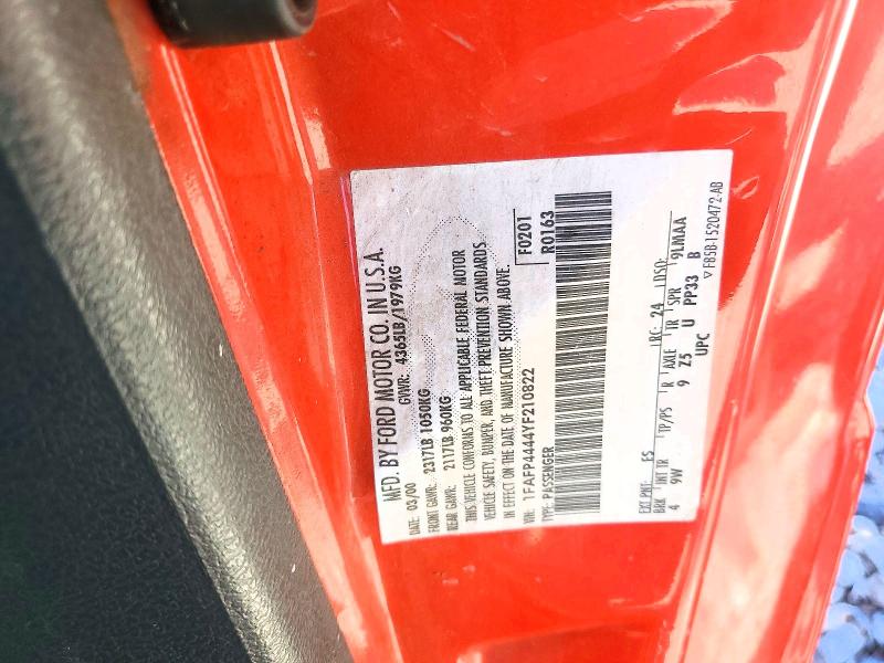 Продажа на аукционе авто 2000 Ford Mustang, vin: 1FAFP4444YF210822, номер лота: 47384336