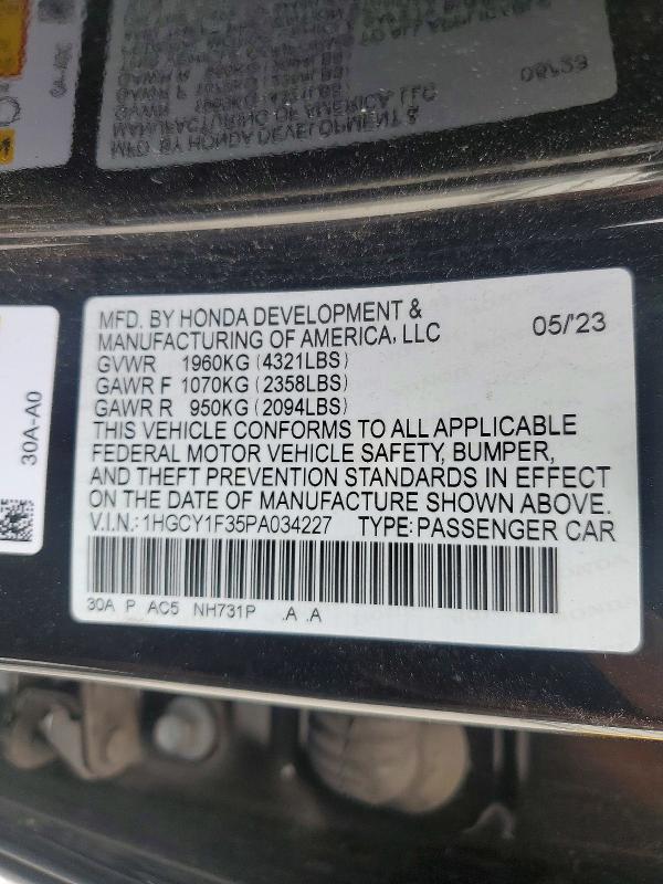 2023 Honda Accord მანქანა იყიდება აუქციონზე, vin: 1HGCY1F35PA034227, აუქციონის ნომერი: 41949746