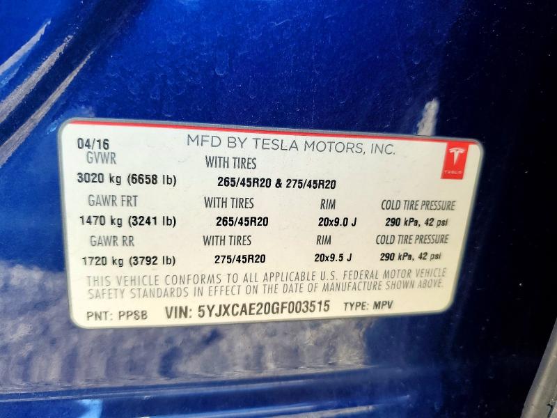 Aukcja sprzedaży 2016 Tesla Model X, vin: 5YJXCAE20GF003515, numer aukcji: 41821656