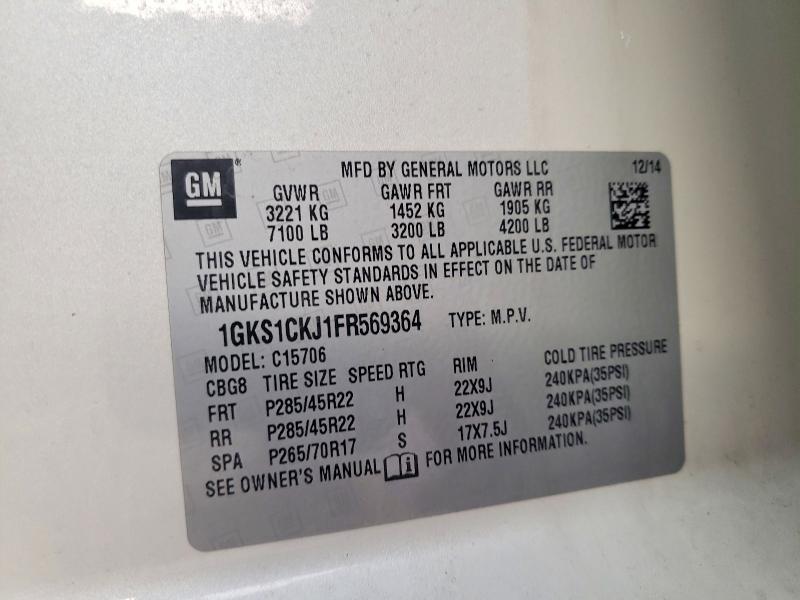 41893006 :رقم المزاد ، 1GKS1CKJ1FR569364 vin ، 2015 Gmc Yukon مزاد بيع