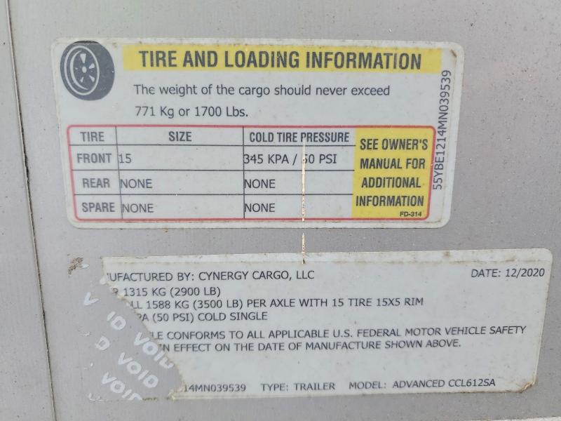 2021 Cynergy Cargo Cynergy Cargo მანქანა იყიდება აუქციონზე, vin: 55YBE1214MN039539, აუქციონის ნომერი: 47507226