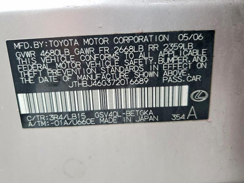 Aukcja sprzedaży 2007 Lexus Es 350, vin: JTHBJ46G372016689, numer aukcji: 78987755