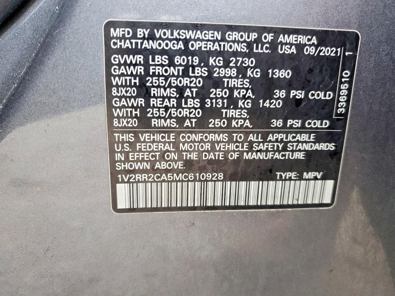46027046 :رقم المزاد ، 1V2RR2CA5MC610928 vin ، 2021 Volkswagen Atlas مزاد بيع