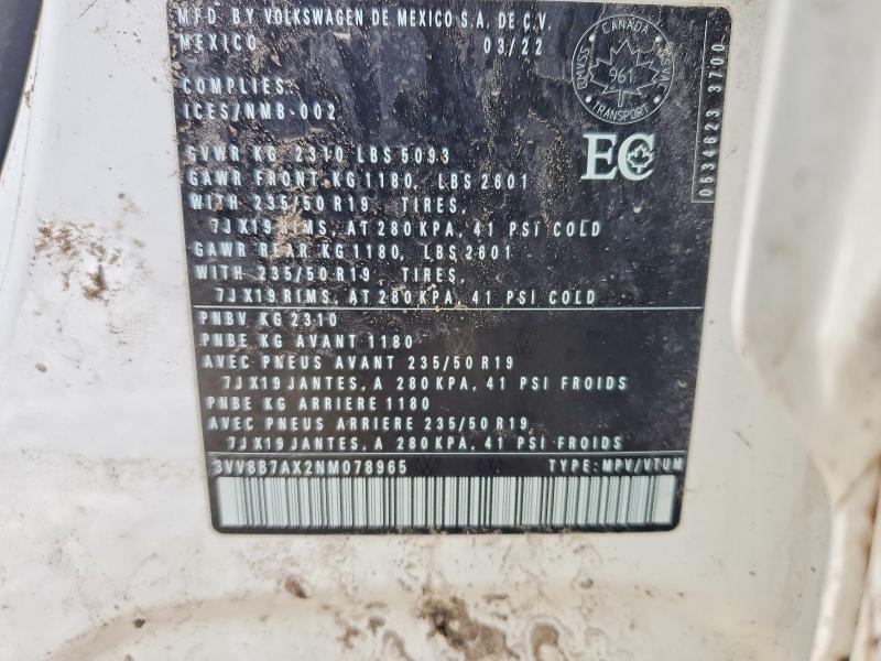 2022 Volkswagen Tiguan მანქანა იყიდება აუქციონზე, vin: 3VV8B7AX2NM078965, აუქციონის ნომერი: 47170276