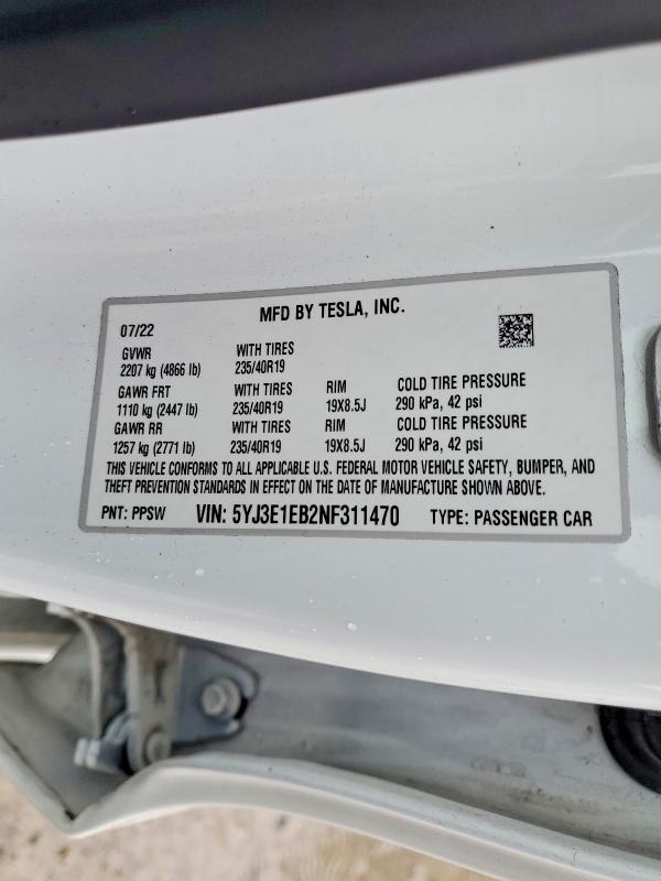 Продажа на аукционе авто 2022 Tesla Model 3, vin: 5YJ3E1EB2NF311470, номер лота: 45514436