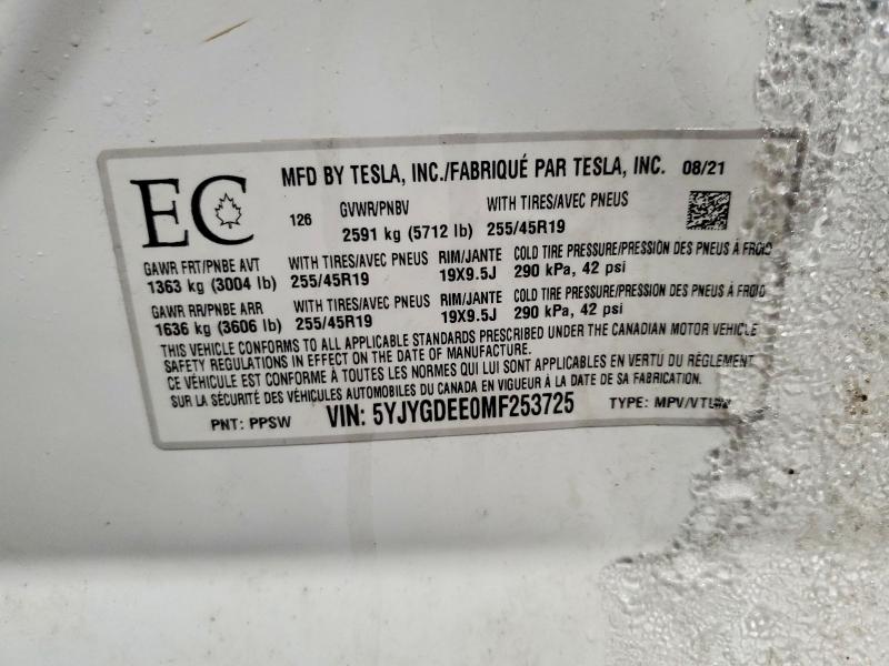 45522496 :رقم المزاد ، 5YJYGDEE0MF253725 vin ، 2021 Tesla Model Y مزاد بيع