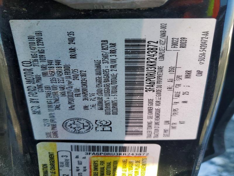 Aukcja sprzedaży 2019 Ford Fusion, vin: 3FA6P0RU3KR243872, numer aukcji: 79518795