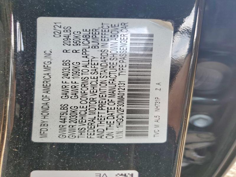 Продажа на аукционе авто 2021 Honda Accord, vin: 1HGCV2F30MA012131, номер лота: 47317586