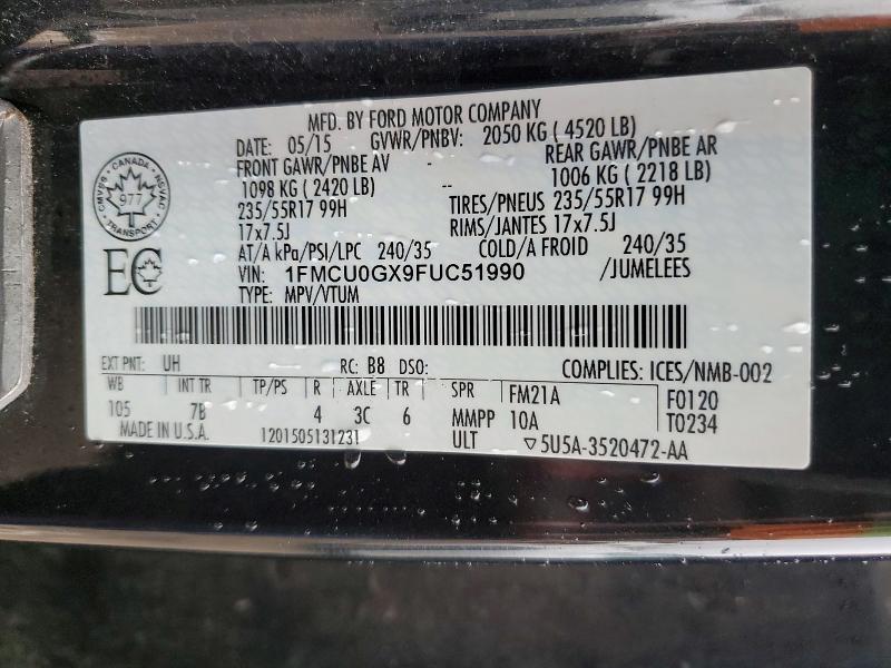 2015 Ford Escape მანქანა იყიდება აუქციონზე, vin: 1FMCU0GX9FUC51990, აუქციონის ნომერი: 79108655