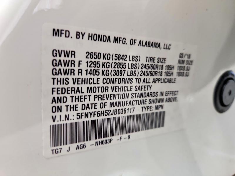 Продажа на аукционе авто 2018 Honda Pilot, vin: 5FNYF6H52JB036117, номер лота: 47961686