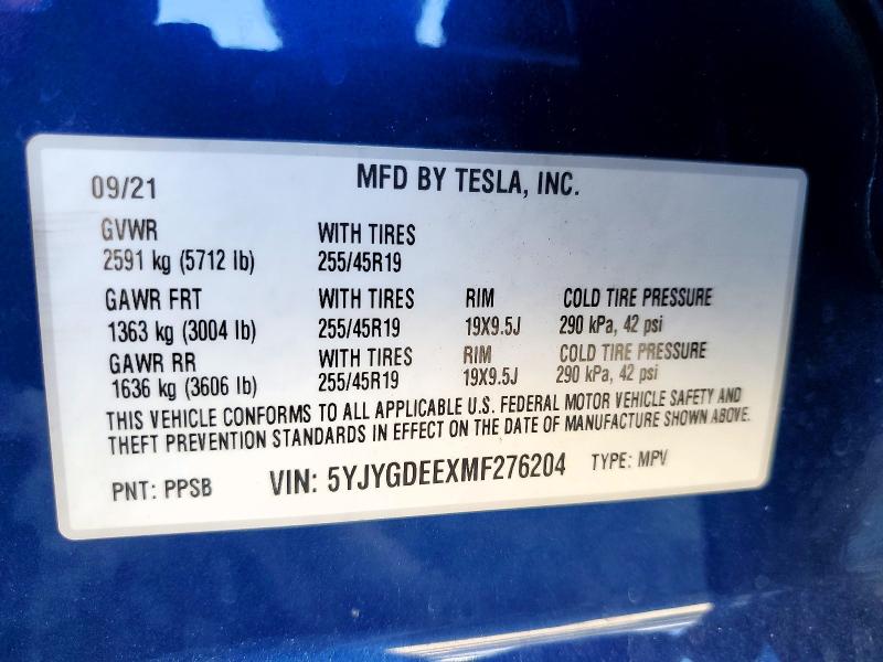 Продаж на аукціоні авто 2021 Tesla Model Y, vin: 5YJYGDEEXMF276204, номер лоту: 45782056