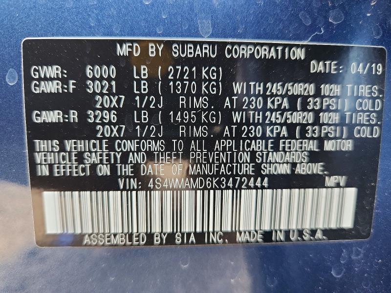 47420106 :رقم المزاد ، 4S4WMAMD6K3472444 vin ، 2019 Subaru Ascent مزاد بيع