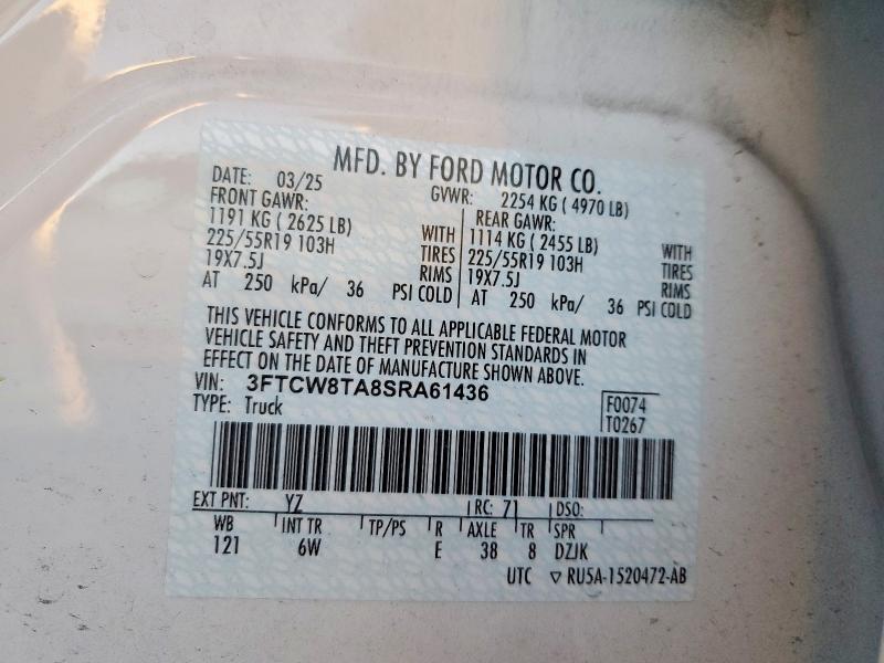 46179796 :رقم المزاد ، 3FTCW8TA8SRA61436 vin ، 2025 Ford Maverick مزاد بيع