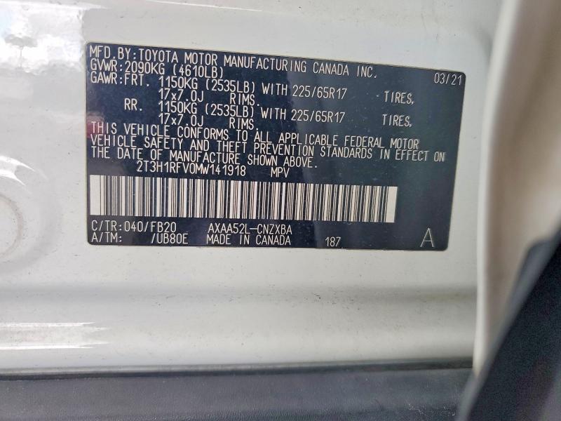 2021 Toyota Rav4 მანქანა იყიდება აუქციონზე, vin: 2T3H1RFV0MW141918, აუქციონის ნომერი: 79610075