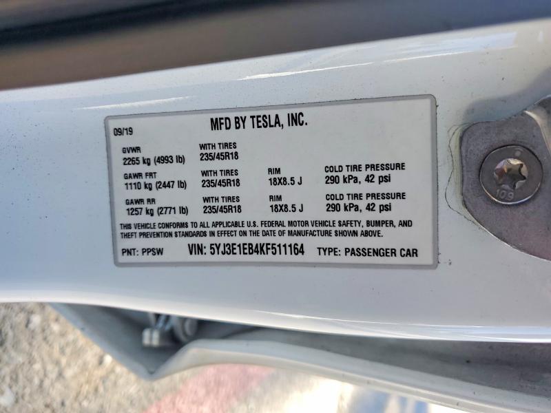 Aukcja sprzedaży 2019 Tesla Model 3, vin: 5YJ3E1EB4KF511164, numer aukcji: 41650026