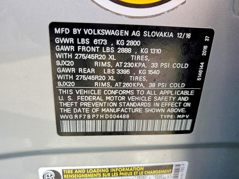 Aukcja sprzedaży 2017 Volkswagen Touareg, vin: WVGRF7BP7HD004488, numer aukcji: 79653905