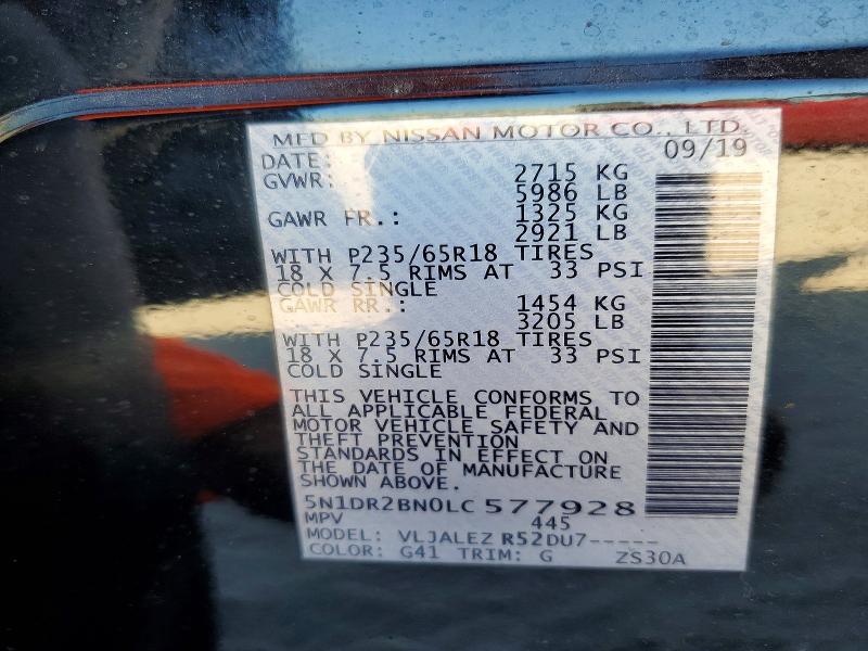 45546106 :رقم المزاد ، 5N1DR2BN0LC577928 vin ، 2020 Nissan Pathfinder مزاد بيع