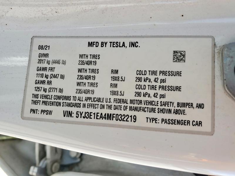 Продаж на аукціоні авто 2021 Tesla Model 3, vin: 5YJ3E1EA4MF032219, номер лоту: 45967126