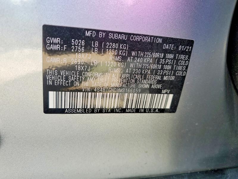 2021 Subaru Outback მანქანა იყიდება აუქციონზე, vin: 4S4BTGNDXM3166059, აუქციონის ნომერი: 41722336