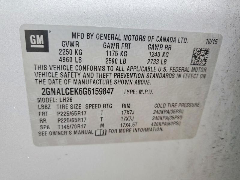 47346936 :رقم المزاد ، 2GNALCEK6G6159847 vin ، 2016 Chevrolet Equinox مزاد بيع
