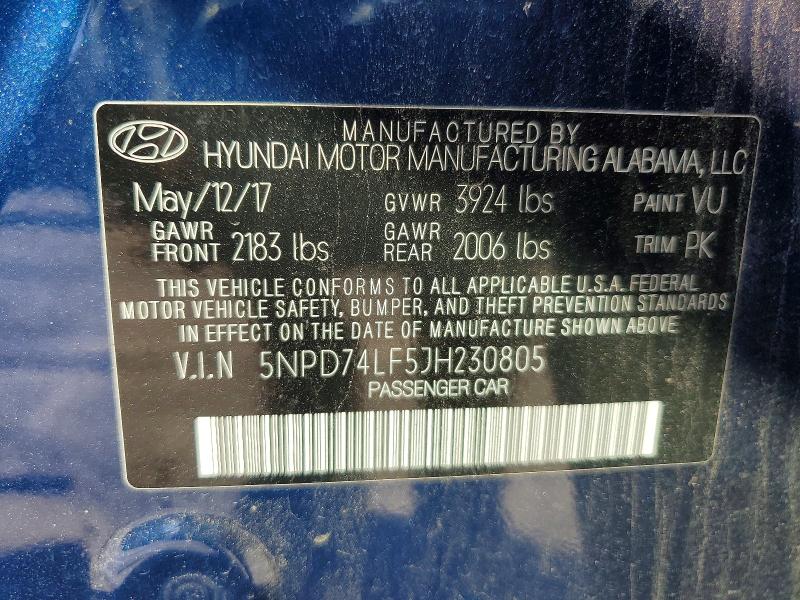 45629346 :رقم المزاد ، 5NPD74LF5JH230805 vin ، 2018 Hyundai Elantra مزاد بيع