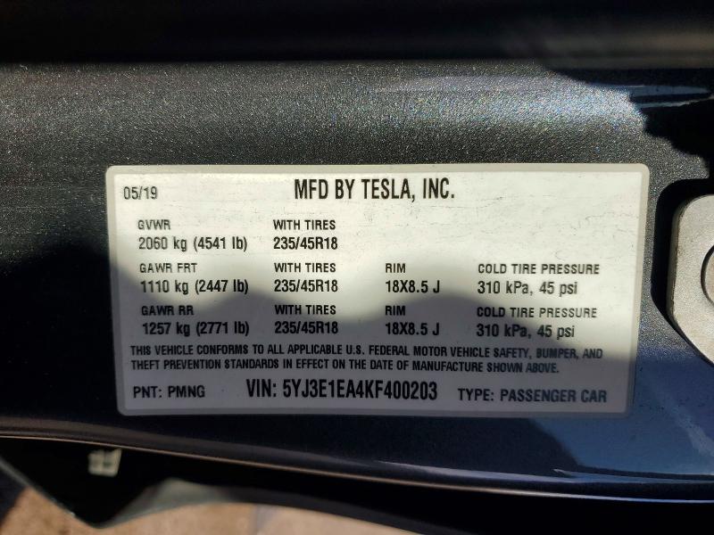 Продаж на аукціоні авто 2019 Tesla Model 3, vin: 5YJ3E1EA4KF400203, номер лоту: 47079186