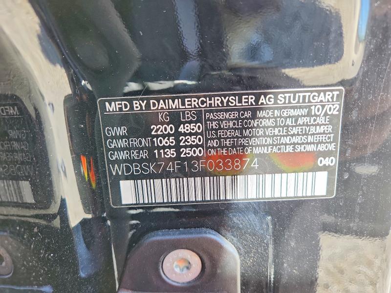 Aukcja sprzedaży 2003 Mercedes-benz Sl, vin: WDBSK74F13F033874, numer aukcji: 46904706