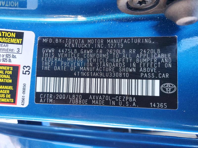 79988575 :رقم المزاد ، 4T1K61AK9LU330810 vin ، 2020 Toyota Camry مزاد بيع