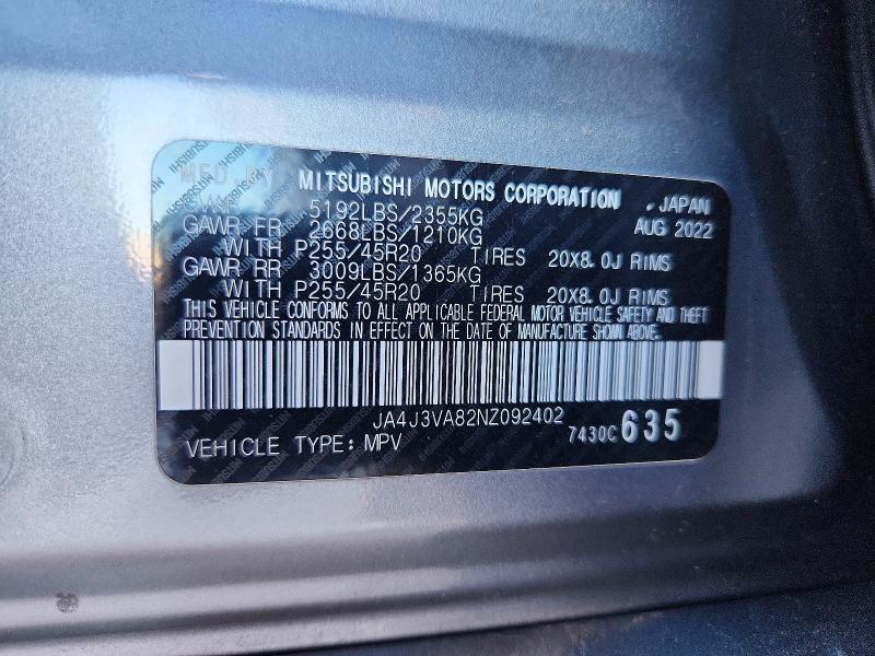 Aukcja sprzedaży 2022 Mitsubishi Outlander, vin: JA4J3VA82NZ092402, numer aukcji: 46067986