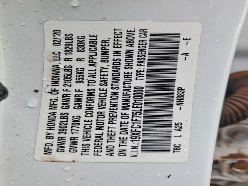 2020 Honda Civic მანქანა იყიდება აუქციონზე, vin: 19XFC1F75LE010000, აუქციონის ნომერი: 46698296