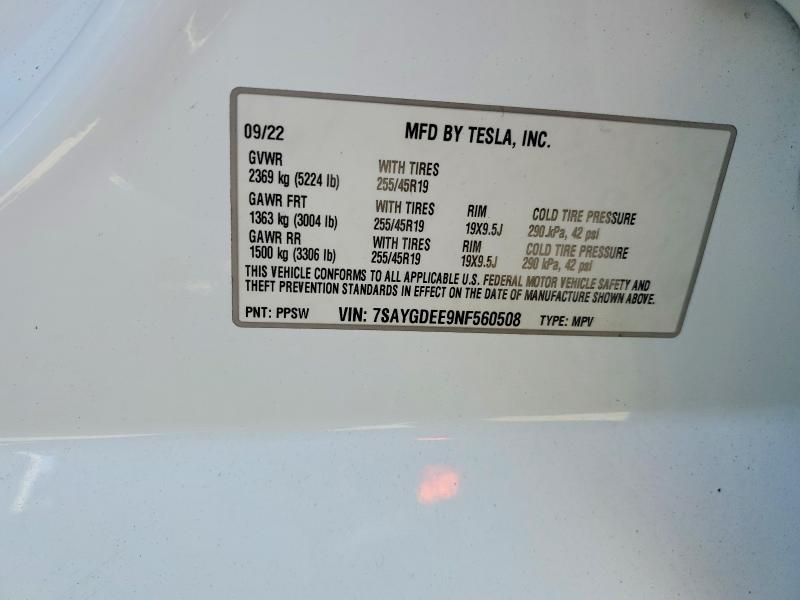 Продаж на аукціоні авто 2022 Tesla Model Y, vin: 7SAYGDEE9NF560508, номер лоту: 47088546