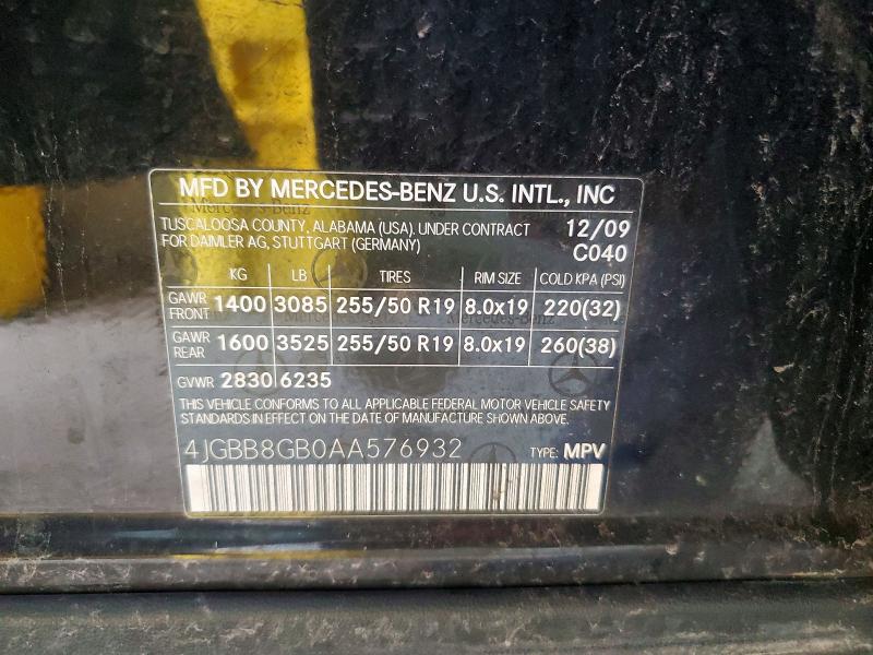 45537506 :رقم المزاد ، 4JGBB8GB0AA576932 vin ، 2010 Mercedes-benz Ml مزاد بيع