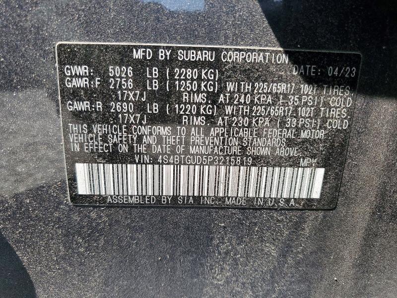 2023 Subaru Outback მანქანა იყიდება აუქციონზე, vin: 4S4BTGUD5P3215819, აუქციონის ნომერი: 47472366