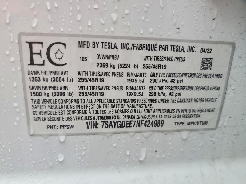 2022 Tesla Model Y მანქანა იყიდება აუქციონზე, vin: 7SAYGDEE7NF424989, აუქციონის ნომერი: 79198185