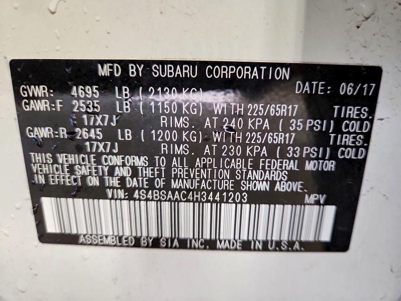 2017 Subaru Outback მანქანა იყიდება აუქციონზე, vin: 4S4BSAAC4H3441203, აუქციონის ნომერი: 47447906