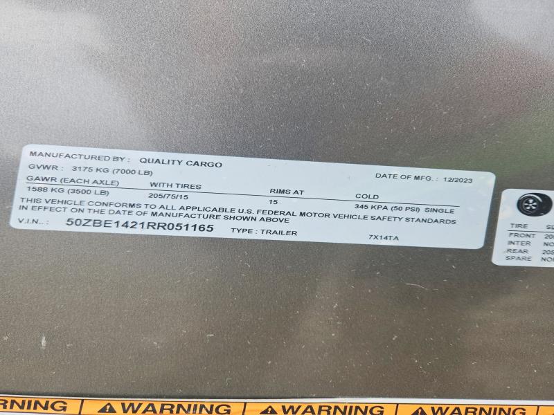 Продаж на аукціоні авто 2024 Quality Cargo Unknown, vin: 50ZBE1421RR051165, номер лоту: 79823385
