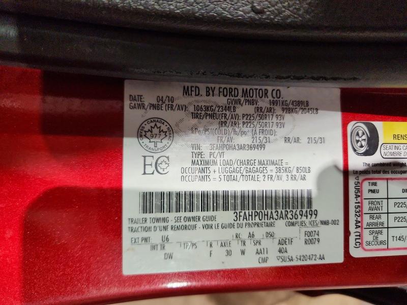 Aukcja sprzedaży 2010 Ford Fusion, vin: 3FAHP0HA3AR369499, numer aukcji: 79605315