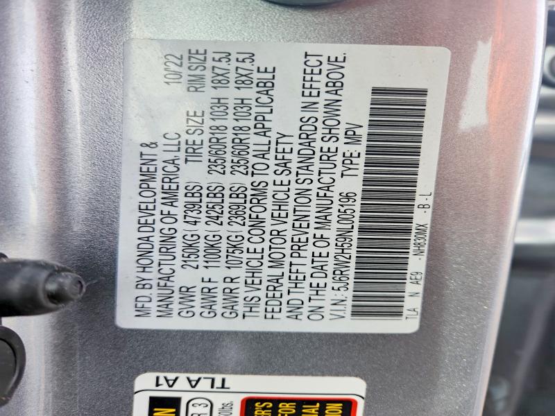 78631295 :رقم المزاد ، 5J6RW2H59NL005196 vin ، 2022 Honda Cr-v مزاد بيع